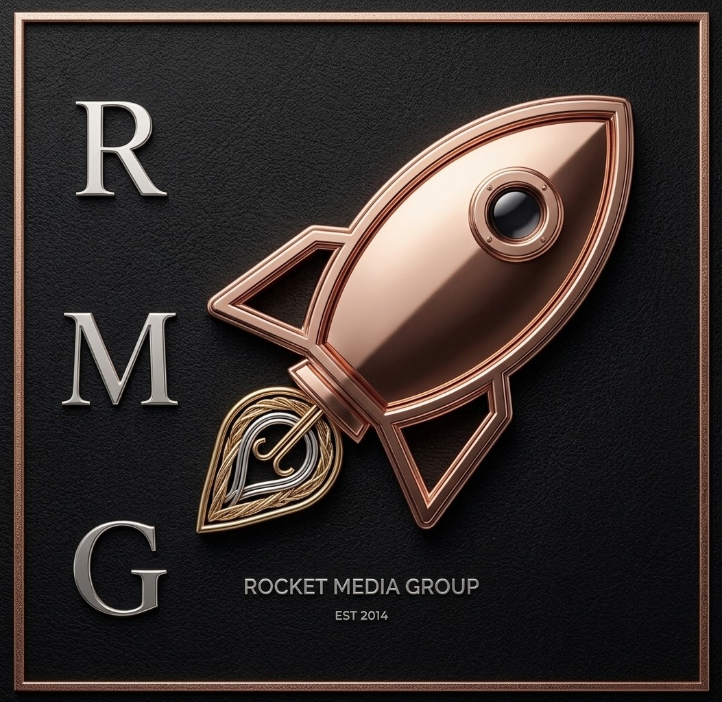 Rocket Media Group logo: a copper rocket on black leather with the letters R M G, Est. 2014